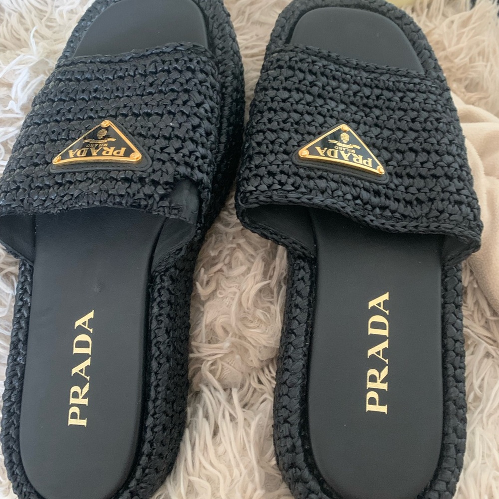 Prada Black Woven Slides with Gold Logo